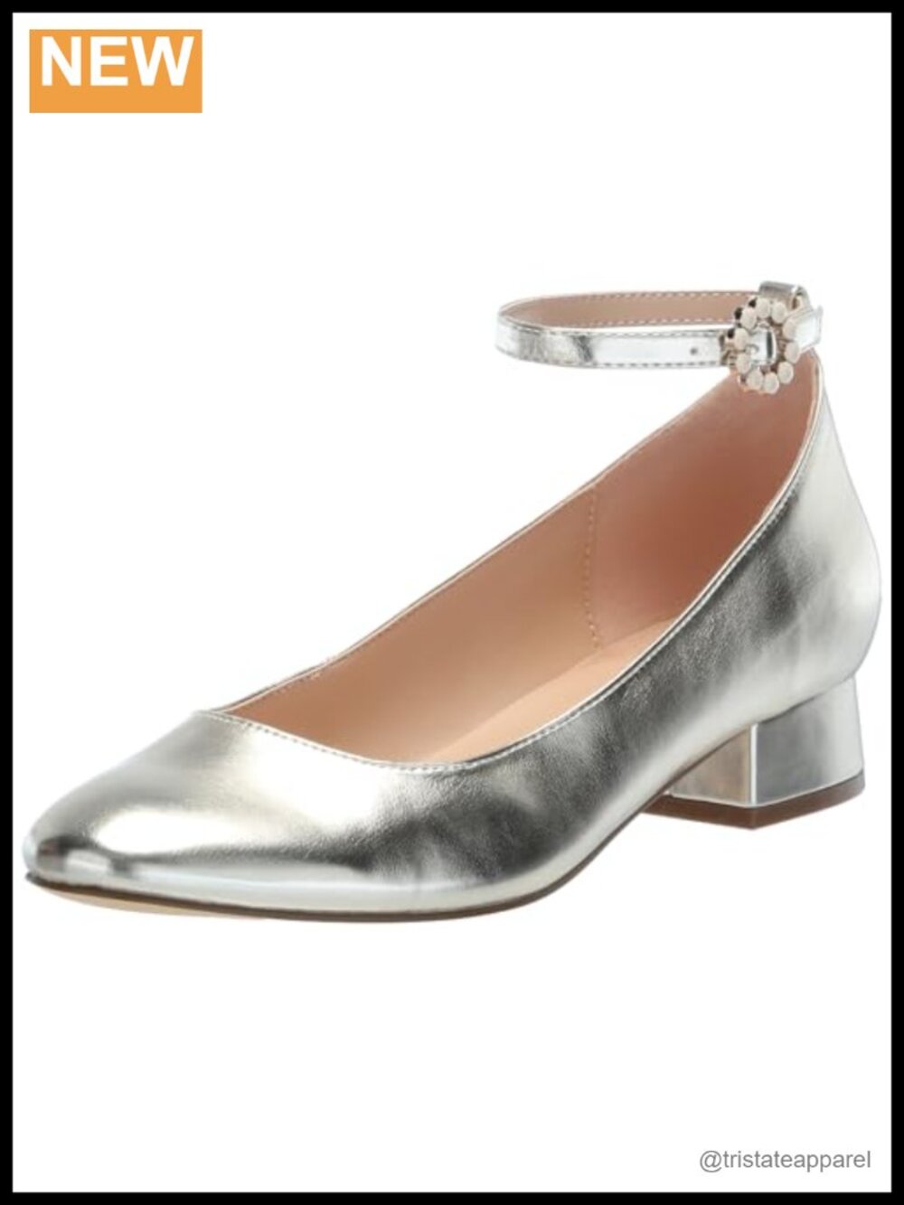 Faux Leather Block Heel Ankle Strap Round Toe Pump with Flower Ornament